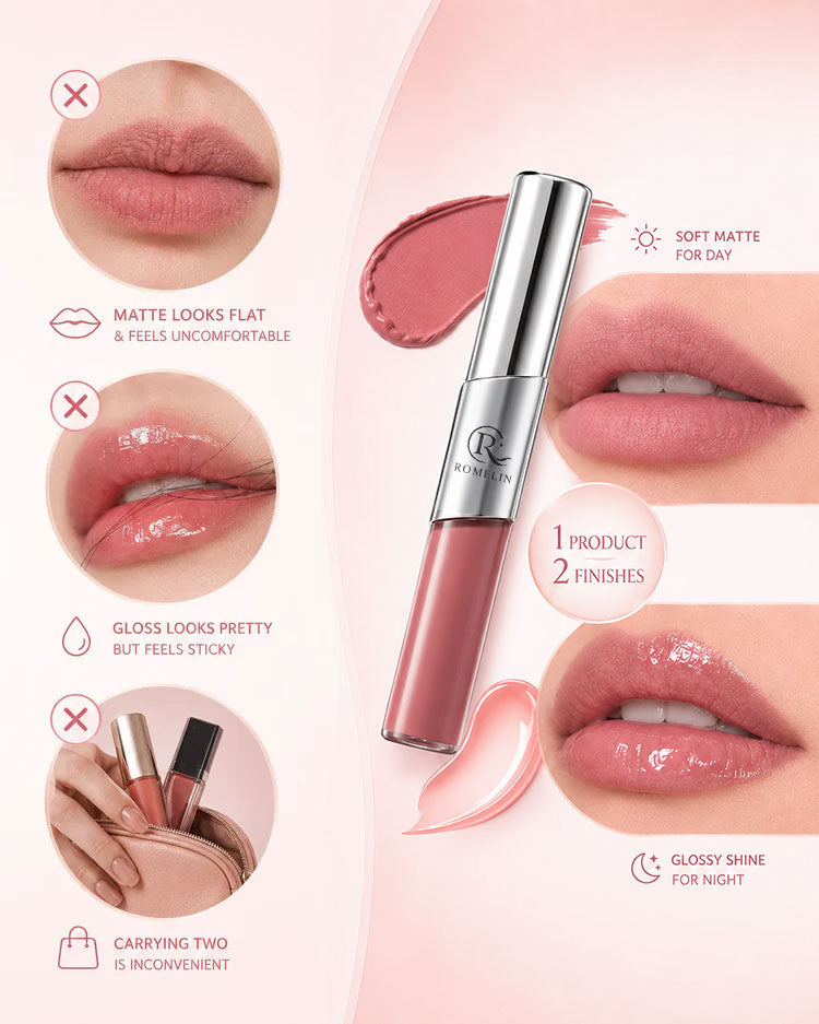 ROMELIN Perfect Twin Lip — Dual-Ended Liquid Lipstick with Velvet Matte Color and Glossy Shine