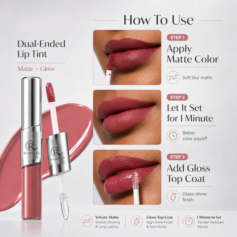 ROMELIN Perfect Twin Lip — Dual-Ended Liquid Lipstick with Velvet Matte Color and Glossy Shine